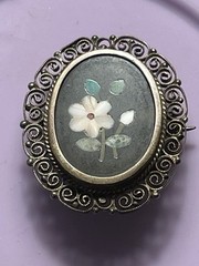 Antique 800 Silver Pietra Dura Floral Mosiac Filigree Oval Brooch