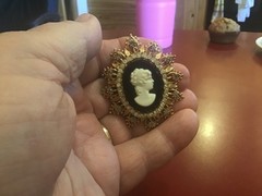 HTF Unique Francois pendant- Brooch Pin cameo-rhinestones-black stone-Signed