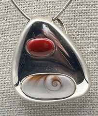 Vintage Shiva Eye Shell & Red Coral Stone Sterling Pendant .925 W/ Necklace
