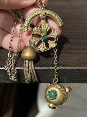 RARE Antique Brass CZECH Unique Necklace Tassel Stone Chatelaine Pulley Fob