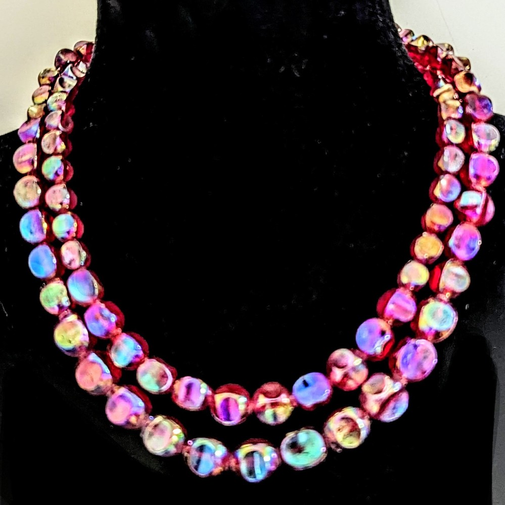 West Germany Lucite Double Strand Burgundy AB Coated Vintage Necklace 20″
