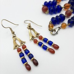 Egyptian Revival Carnelian And Blue Glass Vintage Necklace And Earrings Set