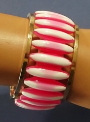 Vintage Hinged Pink & White Stripe Peppermint Lucite & Metal Clamper BRACELET