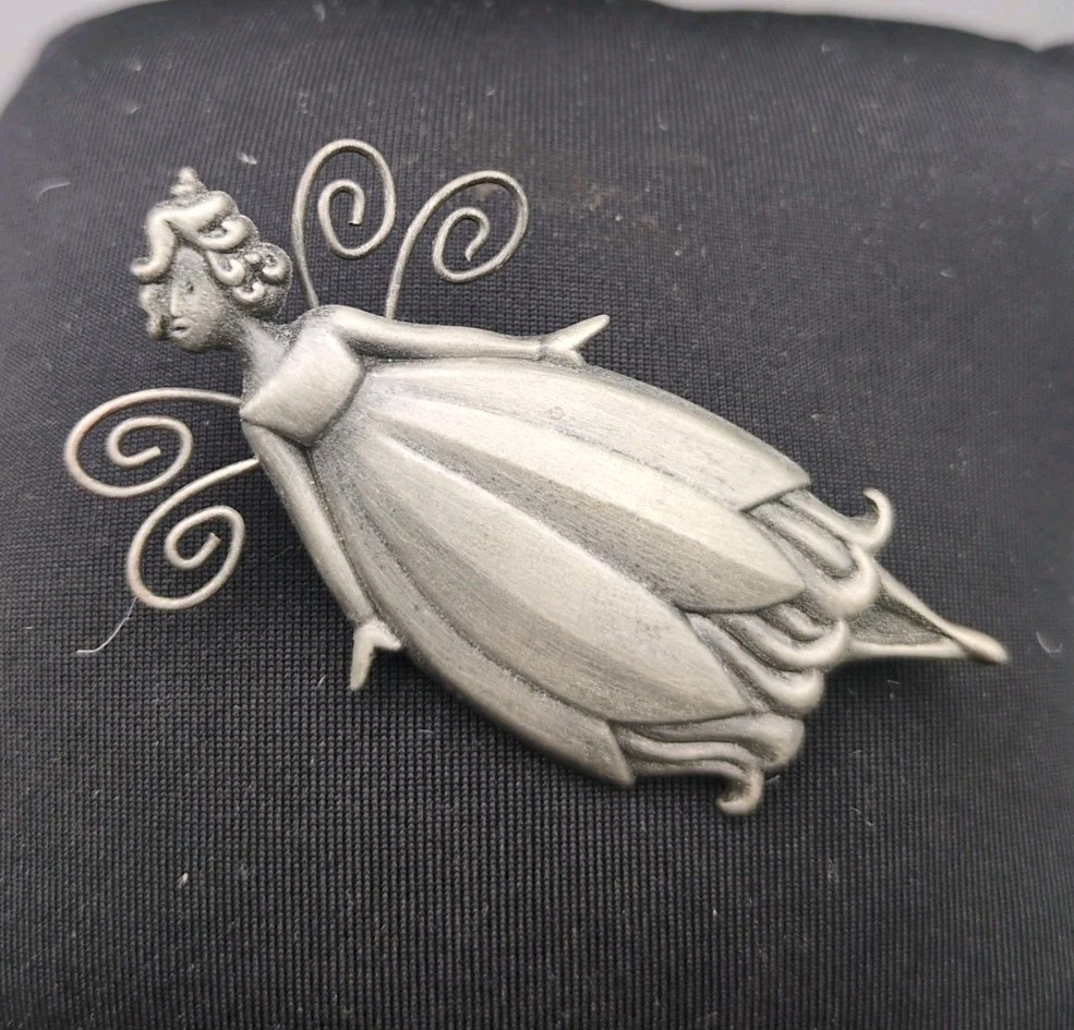 Vintage Hallmark Angel Pewter Flower Fairy Pin Brooch 2.5”