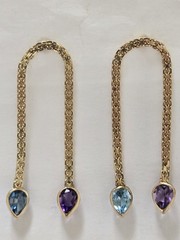 Vintage Antique Dangling Earring 14k Gold Amethyst N Blue Topaz Mesh Design 40mm