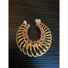 VINTAGE GERRY’S GOLD TONE PINK RHINESTONE PEARL HORSESHOE PIN BROOCH