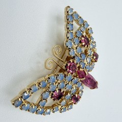 Pink and Blue Rhinestone Gold Tone Butterfly Brooch Vintage Whimsical 1”