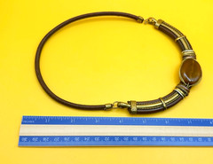 Antique Gold Tone Leather & Oval Brown Stone Choker Necklace Vintage