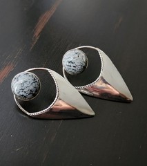 Snowflake Obsidian Sterling Silver Modernist Earrings Vtg Statement Earrings