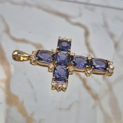 Vintage Sterling Silver 925 Gold Plated Cross Pendant Faceted Purple Stones Jtv