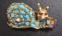 SWOBODA HAPPY SNAIL, SWO, GENUINE TURQUOISE, PEARL, AMETHYST, OPAL & GOLD BROOCH