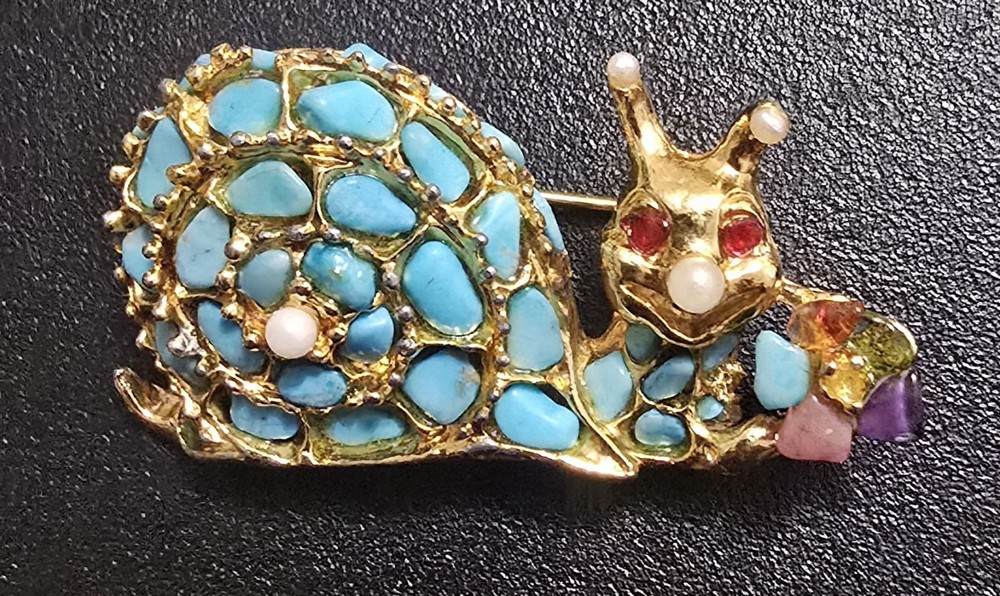 SWOBODA HAPPY SNAIL, SWO, GENUINE TURQUOISE, PEARL, AMETHYST, OPAL & GOLD BROOCH