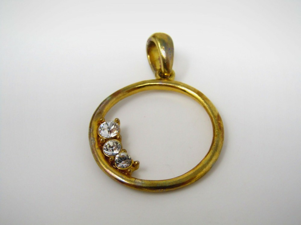 Vintage Gold Tone Open Circle Pendant with 3-Stone Crystal Accent Slide Charm
