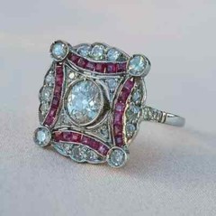 Art Deco Vintage Round Lab Created Diamond & Ruby 14K White Gold FN Wedding Ring