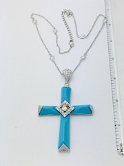 Signed JJJ Large Silver Tone Turquoise Cross Pendant Necklace 16+3” VTG New