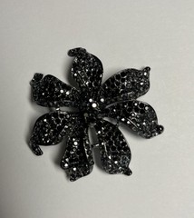 Vintage Antique Black Crystal Rhinestone Enameled Metal Flower Brooch Pin