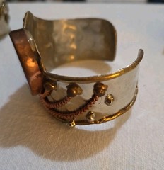 Lot 3 Vtg Unmarked Artisan Mixed Metal Cuff Bracelets Copper Brass Stone