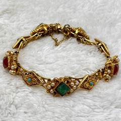 Vintage Ornate Bracelet Renaissance Revival Multicolor Stones Gold Tone 7″