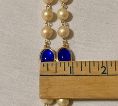 Vintage Faux Pearl Beaded Necklace Bezel Cobalt Blue Cabochon Opera Flapper 42″