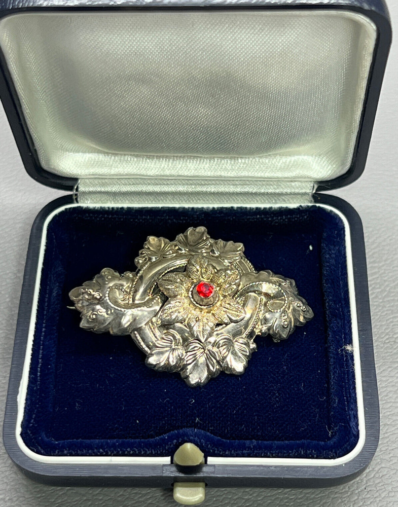Antique Austrian Victorian Brooch Sterling Silver and and Ruby Stone