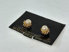 Vintage Lady Remington Faux Pearl Rhinestone Pierced Post Earrings on Card