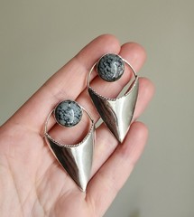 Snowflake Obsidian Sterling Silver Modernist Earrings Vtg Statement Earrings