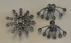 Vintage Rhinestone Brooch Earring Set Snowflake Starburst Light Blue Screw Back