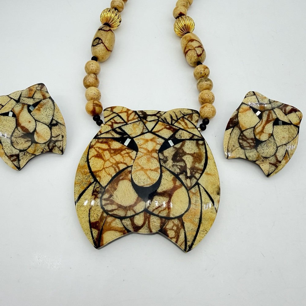 Vtg Jtv Lion Head Inlay Necklace Earrings Set Gold Tone Brown & Black Safari