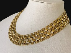 Vintage Gold Tone Egyptian Revival Bib Collar Necklace Wide Multi-Row Link 18″