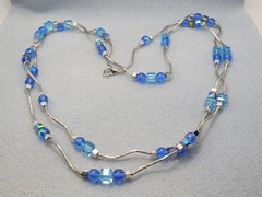 artisan-made blue bead necklaces, iridescent art glass and crystal elements 56in