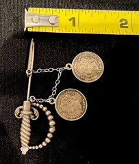 Antique c1900 Sterling Silver Sword Brooch Victorian Canadian Coins 2-1/4” 6.3g