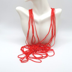 Vintage Red Multi Strand Plastic Square Beaded Solid & Clear Bead Necklace 48 In
