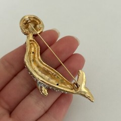 Vintage Clear Rhinestone Green Eyed Seal With Ball Gold Tone Animal Brooch Pin