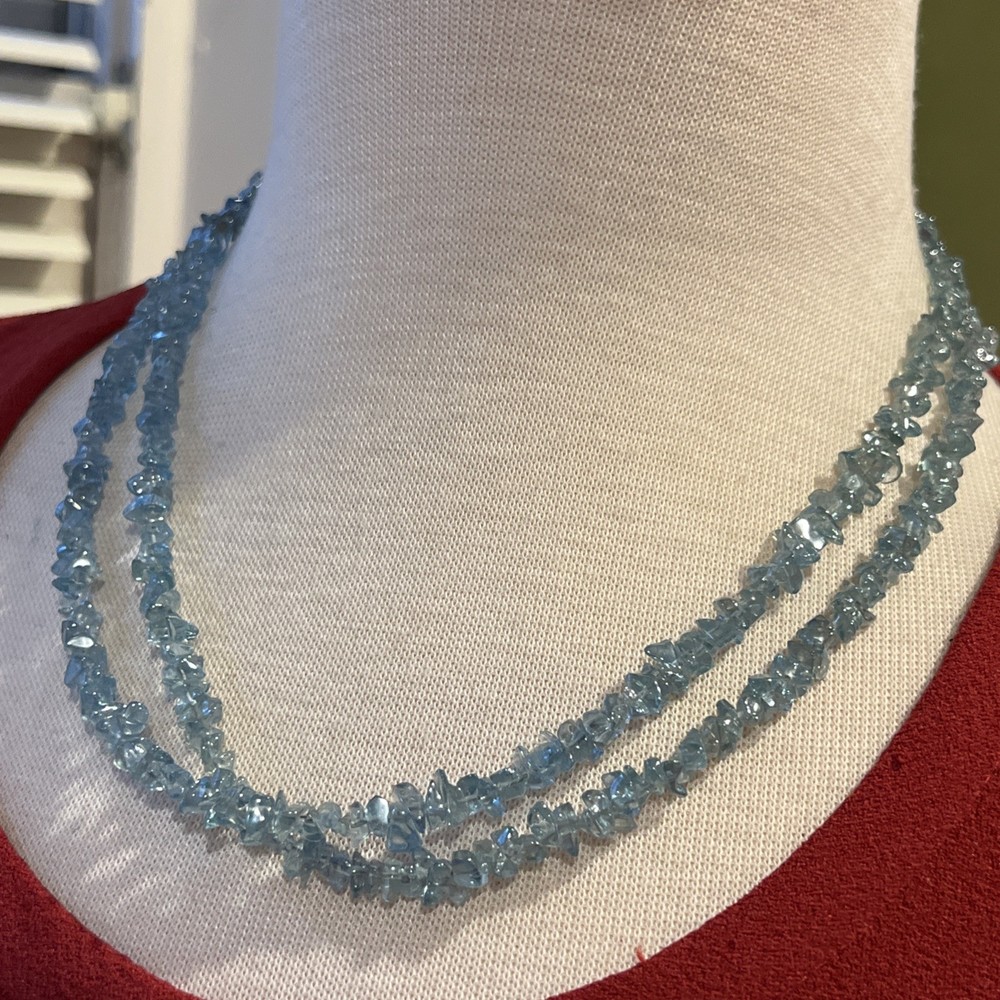 Vintage 2 Strand Blue Gemstone 19”-20” Necklace with 925 Silver Clasp