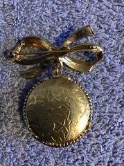 Vtg LOCKET Brooch JEWELED bow PHOTO HOLDER Etched Dangle Lot C