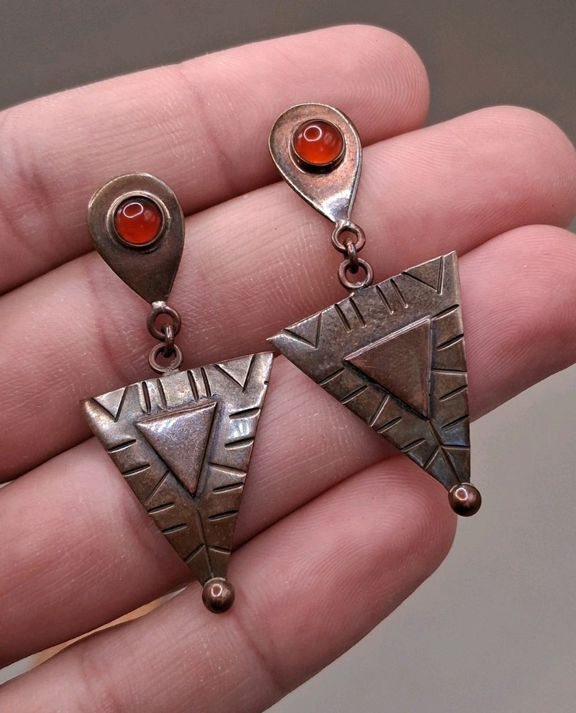 Vtg Mexico Copper Red Crystal Abstract Dangle Earrings Sterling Post