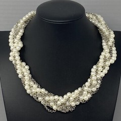 Sugarfix Baublebar Necklace Torsade Imitation Pearl Silver Tone Chain Twist 21″