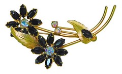 Vintage Jet & AB Rhinstone Flower Brooch