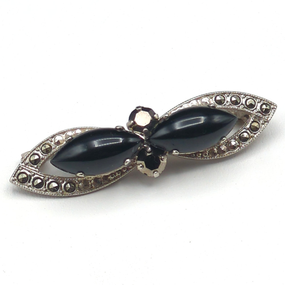 Vintage Brooch Pin Western Germany Black Glass Faux Marcasite Silver Tone Gothic