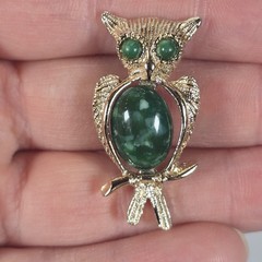3 Vintage OWL Pin Brooch Lot: Gold Tone Green Belly, Rhinestones, Liz Claiborne