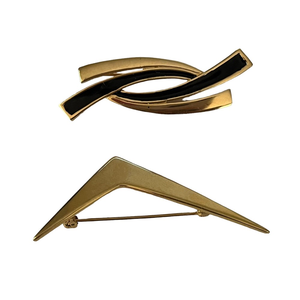 Monet Signed Modernist Lot Of 2 Brooches Pins Gold Tone Black Enamel