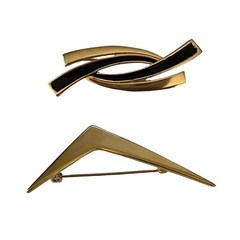 Monet Signed Modernist Lot Of 2 Brooches Pins Gold Tone Black Enamel