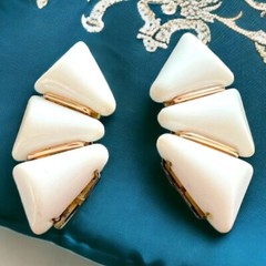 Western Germany Clip On Earrings Vintage White Gold Tone Runway Signed HUGE