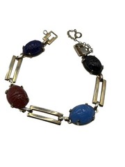Vintage Egyptian Revival Carved Glass Scarab Bracelet Safety Chain READ