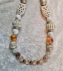 Vintage Long Graduated Topaz Cream Acrylic Porcelain Owl Beaded Necklace 26in