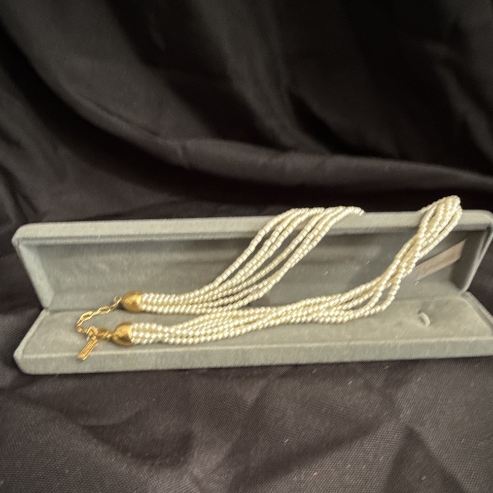Vintage Signed Napier Multi Strand Gold Tone Rice Pearl Choker Necklace