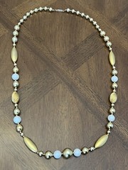 Vintage Carol Dauplaise Gold & White Beaded Long Necklace Signed Nice!