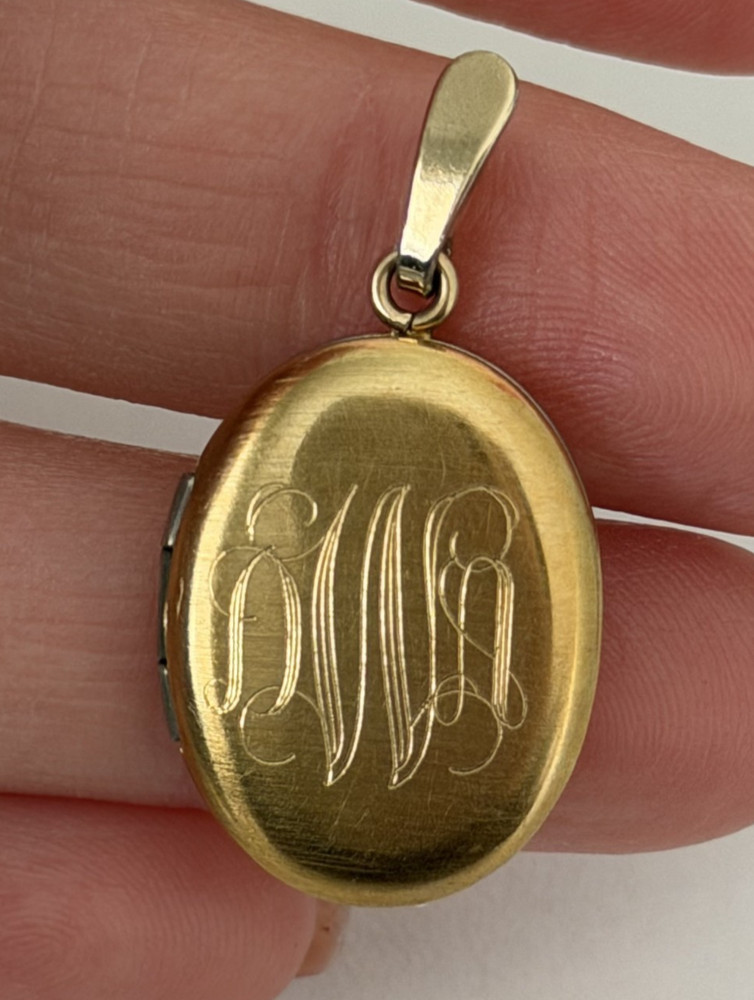 Antique Gold Filled Locket Monogram Etched Puffy Oval Pendant