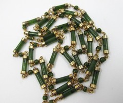 Jade Chinese Export Bamboo Cylinder Station Necklace Gold Plated 36″ Vintage