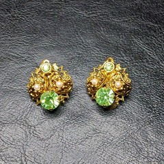 Vintage Pin Brooch & Earrings Set Green Rhinestone & Faux Pearl GERMANY. 16.107